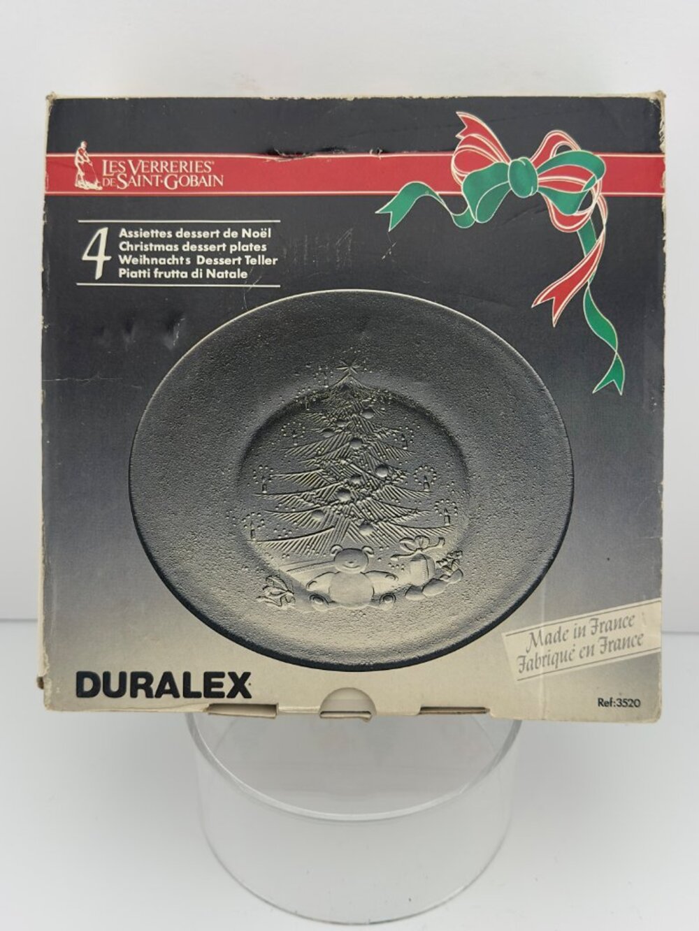 VINTAGE DURALEX Christmas Dessert Plates Clear Tempered Glass Set of 4 Plates